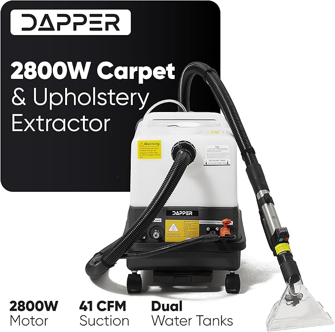 Dapper Commercial Carpet and Upholstery Extractor Cleaning Machine with Steam, Spray-Vacuum, & Mite Remover. 2.5 Gal Tank — Designed for Deep Cleaning. Dual Separate Circuit Power Cords