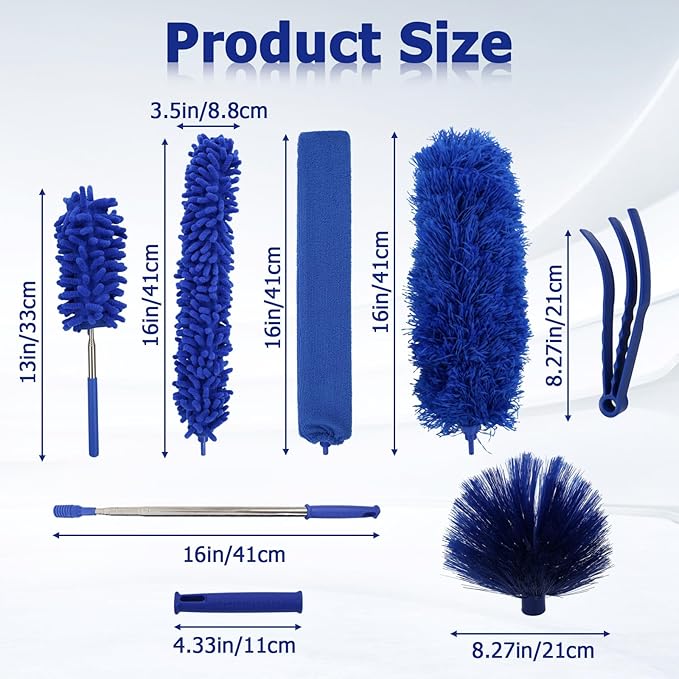 Ceiling Fan Cleaner Duster Set, Dusters with Extension Pole Reusable, Microfiber Ceiling Fan Blade Cleaner, Suitable for Cleaning Wall Blinds Door Furniture Bookshelves (Blue)