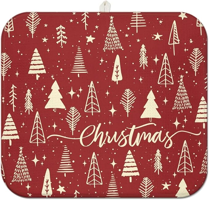 Christmas Kitchen Countertop Dish Drying Mat, Red Christmas Tree Snowflake Pattern Microfiber Kitchen Drying Mat, Washable Absorbent Countertop Xmas Winter Holiday Dish Mat Drainer,16x18In