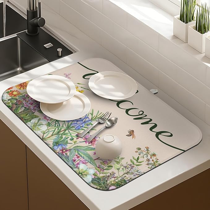 Dish Drying Mat Drainer Pads - Extra Large Microfiber Drying Mats for Dishes Spring Summer Flower Kitchen Counter Super Absorbent Pads for Draining Racks (Beige,18"x24" )