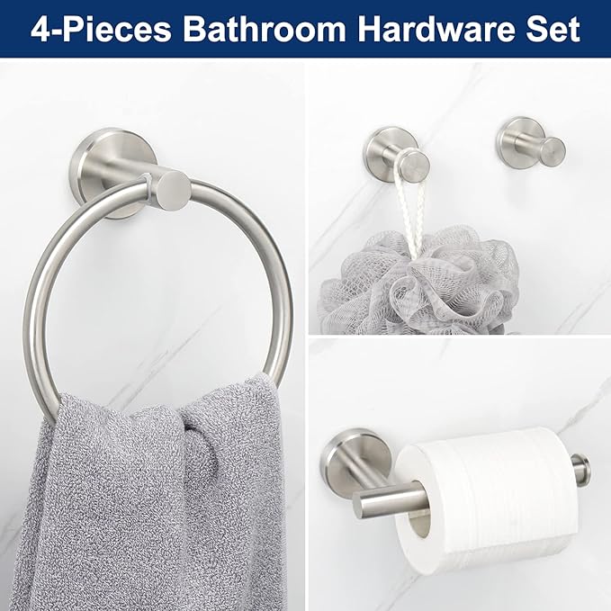 NearMoon 4 Pieces Bath Hardware Set, Include Hand Towel Ring, Toilet Paper Holder and 2 Robe Towel Hooks, Stainless Steel Bathroom Accessories Wall Mounted (Brushed Nickel)