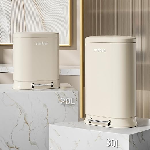 MRBIN Metal Kitchen Trash Can with Lid, 30L / 7.9gal Commercial Step Waste Basket for Bathroom, Medium Office Garbage Pail with Stainless Steel Foot Pedal for Near Desk, Bedroom, Rv, White
