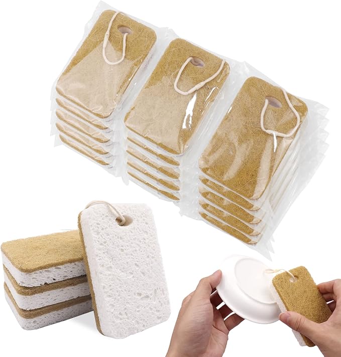 Natural Sponge, Sponges Individually Wrapped, Non Scratch Kitchen Cleaning Sponge Scouring Pad Cellulose Coconut Scrubbing Sponge for Washing Dishes (Pack of 20 - Yellow)