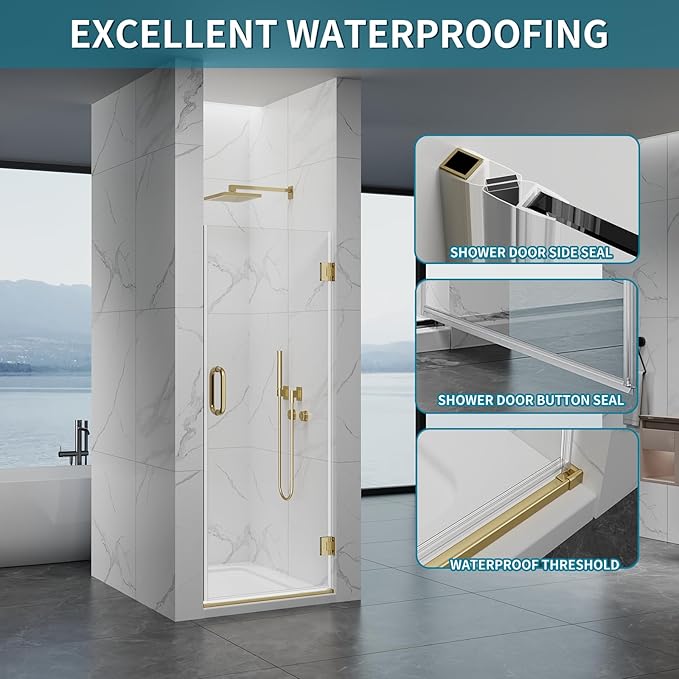 Framelss Hinged Shower Door, 30" W x 76" H Single Swing Shower Door, 3/8" (10mm) Tempered Glass with Nano Coating, 304 Stainless Handle, Glass Door for Walk-in Shower - L02-30 (Brushed Gold)