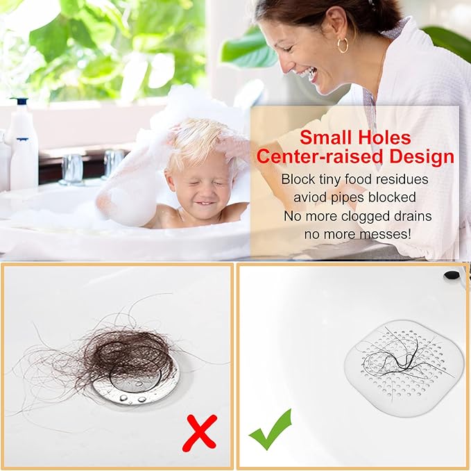 Hair Drain Catcher,Square Drain Cover for Shower Silicone Hair Stopper with Suction Cup,Easy to Install Suit for Bathroom,Bathtub,Kitchen 4 Pack (Pure White)