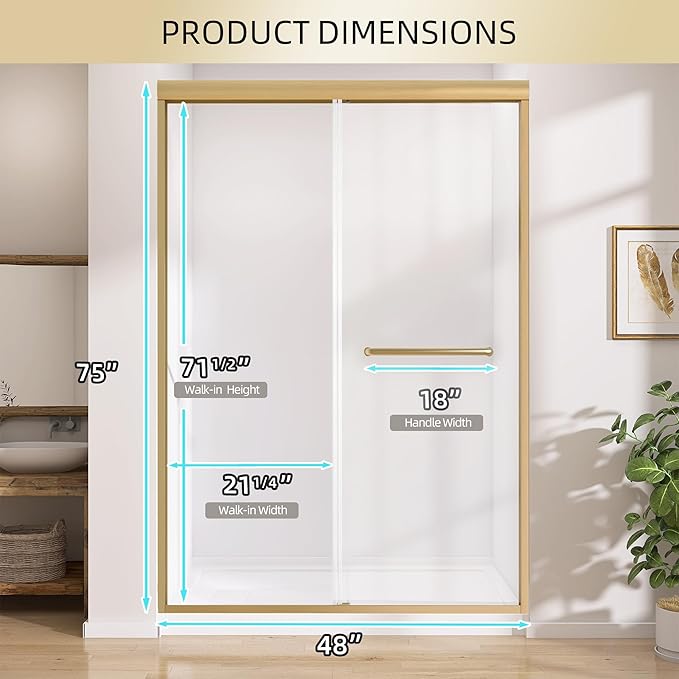 GETPRO Shower Door 44-48 in. W x 75 in. H Semi-Frameless Double Sliding Glass Shower Doors, Bypass Glass Door for Walk-in Shower with 5/16 inch Tempered Glass Brushed Gold