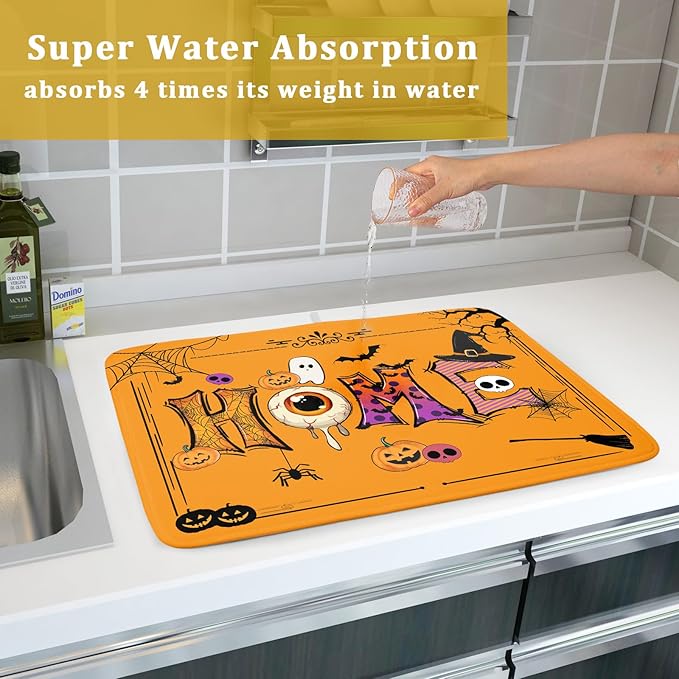 Orange Dish Drying Mat for Kitchen Counter Large Absorbent Resistant Drainer Mat Home Decor