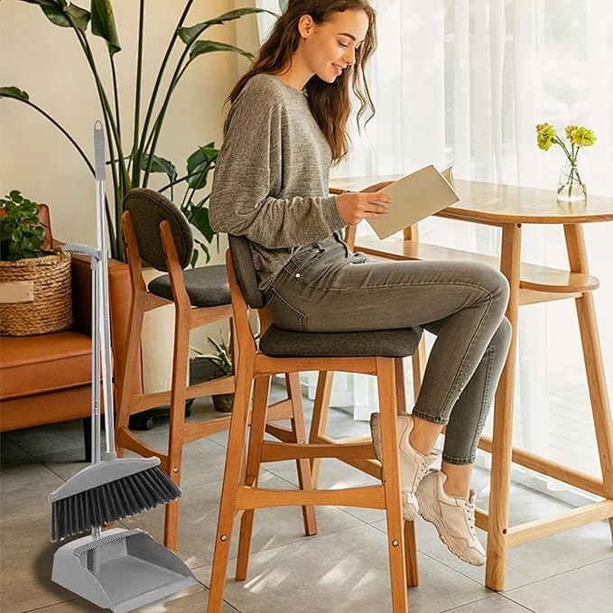 Broom and Dustpan Set for Home Indoor 180 Rotatable Standing Storage Buckle Type Brooms and Dustpan Set with Scraping Teeth and Scraper Deep Cleaning Suitable for Home