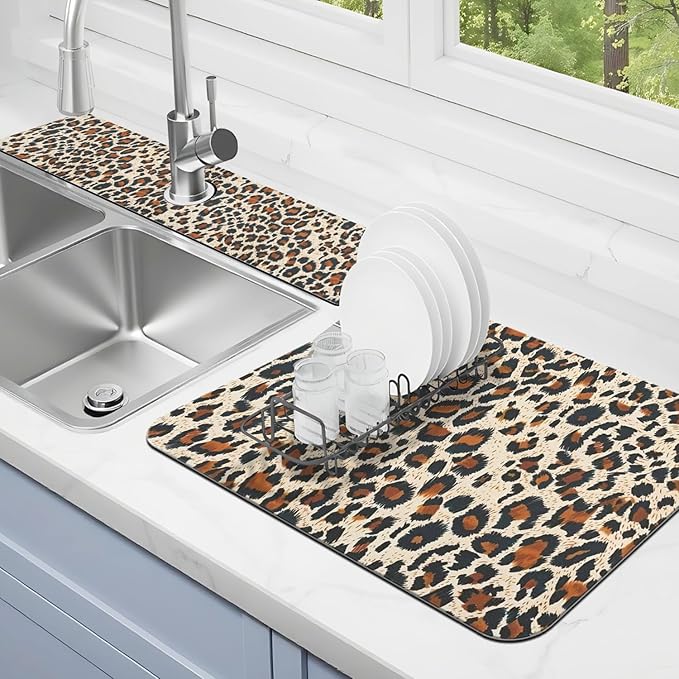 Dish Drying Mat for Kitchen Counter Matt, 2PCS 19"x12" Dish Drainer Mat & 24"x5.5" Sink Splash Guard, Super Absorbent Non-slip Rubber Backed