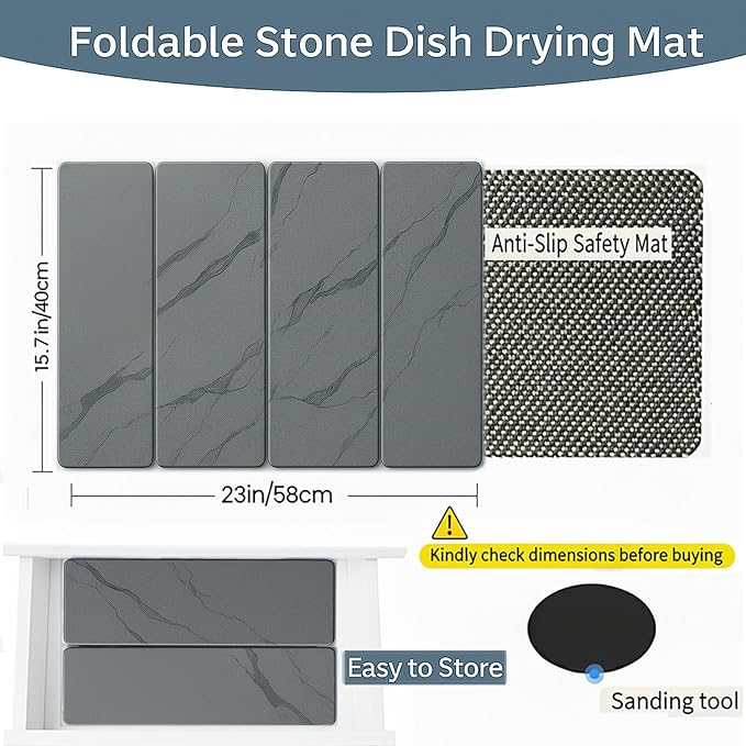 Large 4-Panel Stone Drying Mat for Kitchen Counter, 24"×16" , Foldable Diatomaceous Earth Dish Drying Mat, Quick-Dry ,Premium PU Leather Backing, Non-Slip, Kitchen Essentials