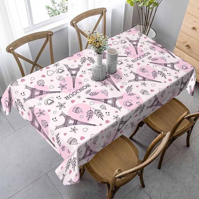 Paris Eiffel Tower Table Cover 52x70 Love Heart Coffee Cake Pink Table Cloth Rectangle Table for Banquet Party Decorative Outdoor Picnic Dining Kitchen Table Cover