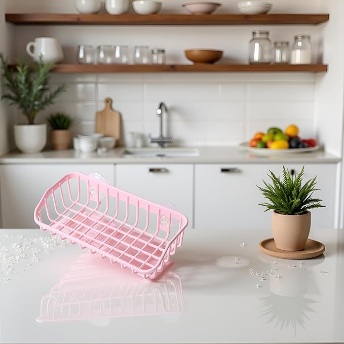Pink Multifunctional Drain Rack,Hanging Storage Rack Drain Rack Sink Shelf Suction Cup Dishwashing Soap Sponge Holder for Kitchen Accessories Racks and Holders