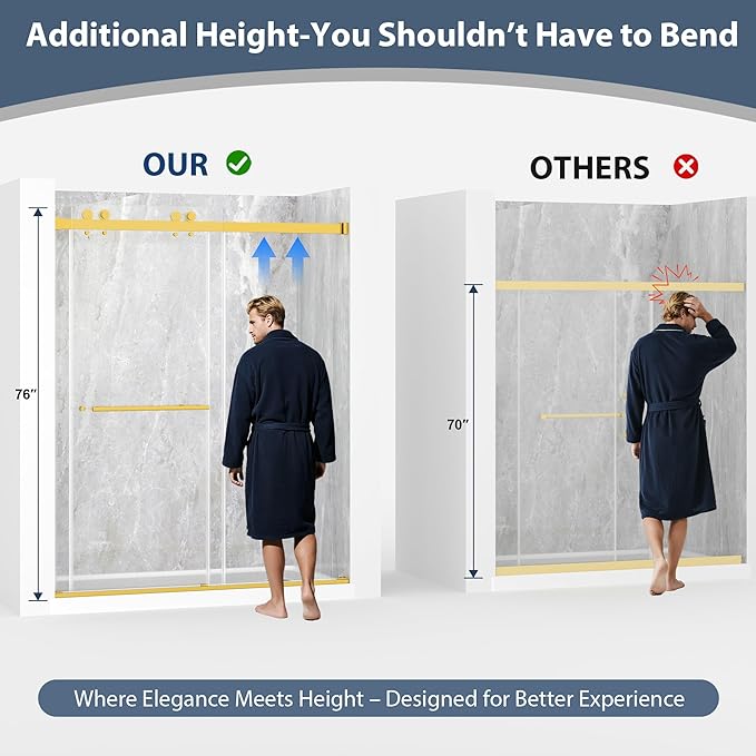 Frameless Double Sliding Shower Doors, 49-54" W x 76" H Shower Glass Door, 1/4" (6mm) Thick ANSI Certified Tempered Glass with Explosion-Proof Film and Nano Coating, Brushed Gold