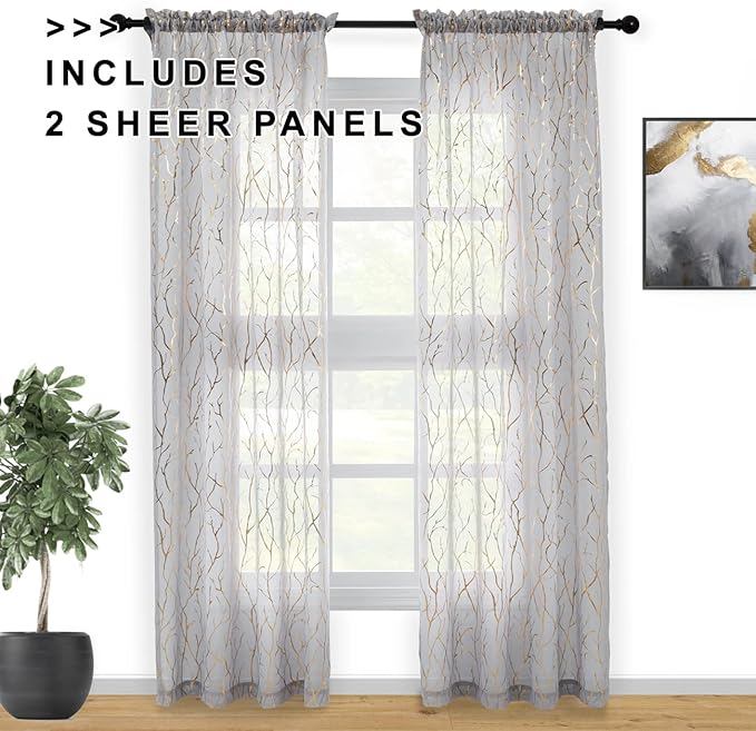 FINECITY Gold Grey Sheer Curtains 84 Inches Long 2 Panels Metallic Gold Foil Tree Branches Patterned Sheer Curtains for Living Room Rod Pocket Privacy Sheer Window Curtains, 52 x 84 Inch