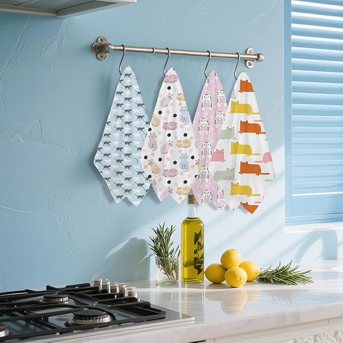 Hanamiya Na 4Pcs Cute Cat Kitchen Towels, Whimsical Decorative Absorbent Microfiber Dish Cloth Tea Towel, Durable Hand Towels for Farmhouse Home Bathroom, Cat Lover Gifts 2