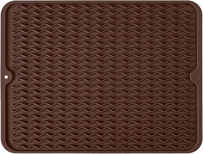 Silicone Dish Drying Mat, Non-Slip Easy Clean Sink Mat Large Heat-resistant Dish Drainer Mat for Kitchen Counter, Sink, Refrigerator or Drawer liner (18" x 16", COFFEE)