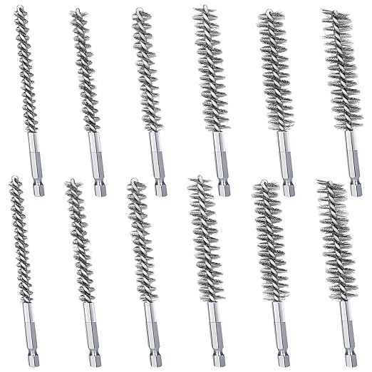 12Pcs Stainless Steel Bore Brush in Different Sizes Twisted Wire Cleaning Brush with Handle 1/4 Inch Hex Shank for Power Drill Impact Driver