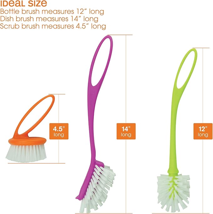 Casabella Loop 3-Piece Dish Brush Set - 15519AZ(Colors May Vary), Red Yellow Purple