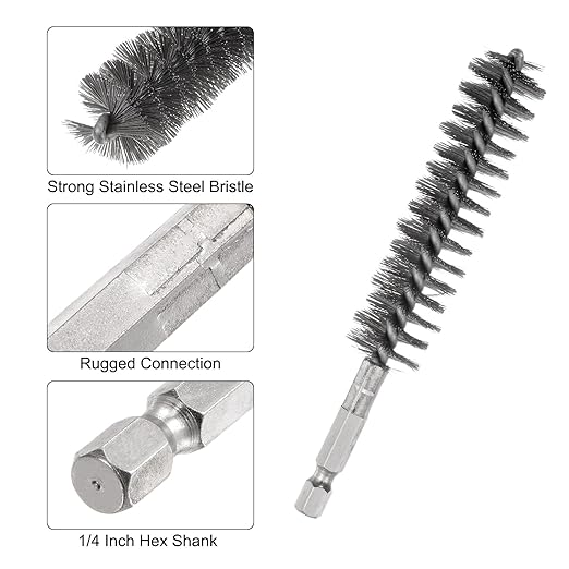 HARFINGTON 5Pcs Bore Brush Stainless Steel 19mm Dia Cleaning Twisted Wire Brush Tube Pipe Cleaner with Handle 1/4 Inch Hex Shank for Tubes, Ports, Bearings