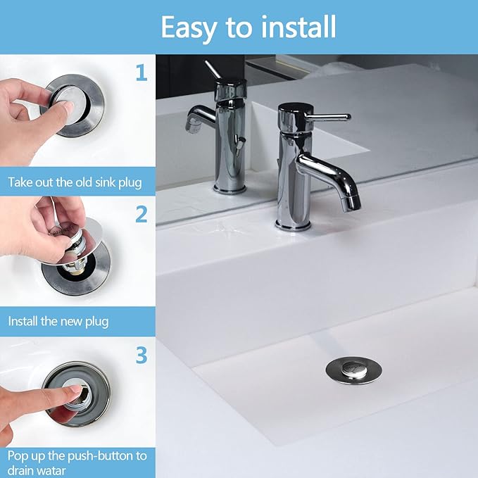 Bathroom Sink Stopper with Hair Catcher – Universal Pop-Up Drain Strainer for 1.1–1.5 inch US Standard Sink Drain Holes, Includes 3 Sets of Silicone Gaskets