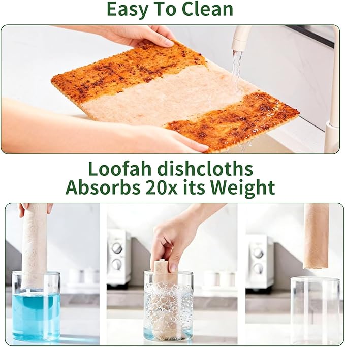 Premium Swedish Dishcloth 5 Pack - 100% Compostable Loofah & Plant Fiber Kitchen Cloth, Super Absorbent (25x Weight) Non-Stick Oil, Reusable Cleaning Cloths for Dishes, 7.87x7.87in