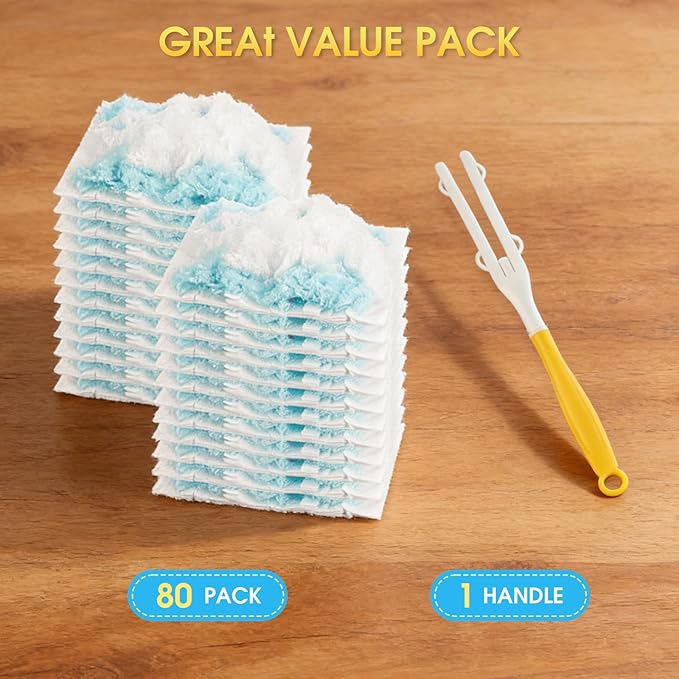 80 Count Disposable Duster Refills for Swiffer with 1 Handle, Microfiber Dusting Pads for Multi-Surface Cleaning, Unscented, Compatible with Swiffer Dusters for Furniture, Blinds, & Vents