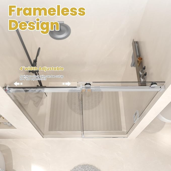 Shower Door 68–72in W x 76 in H, 3/8" Tempered Glass Sliding Shower Door, Frameless Chrome, Soft-Close with Buffer, Reversible Installation for Modern Bathroom