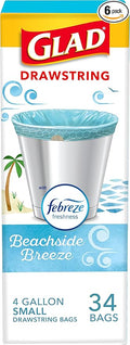 Glad Small Trash Bags 4 Gallon, Febreze Beachside Breeze Garbage Bags, Odor Resistant with Drawstring, 34 Count