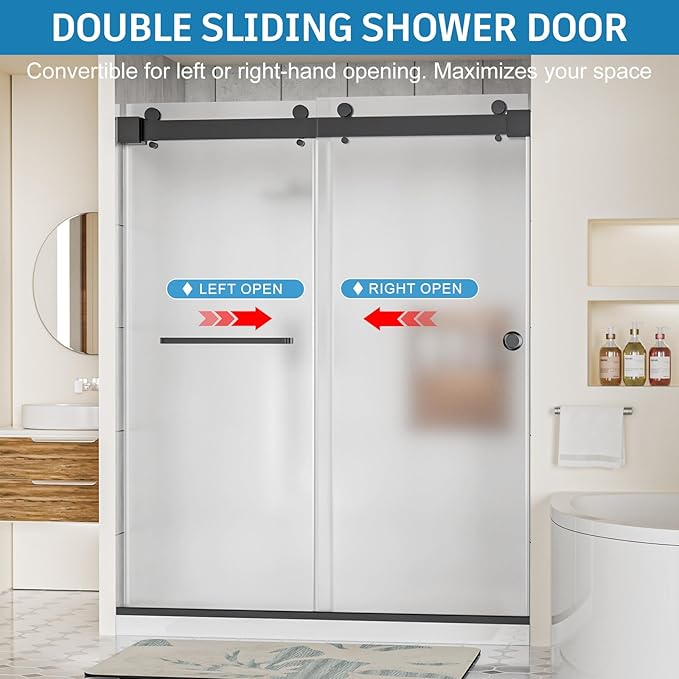 Frameless Shower Door, 56-60" W x 78" H 3/8" (10mm) Thick Tempered Frosted Glass Shower Door with Explosion-Proof Film Nano Coating, Double Sliding Doors for Walk in Shower, Stainless Steel Hardware