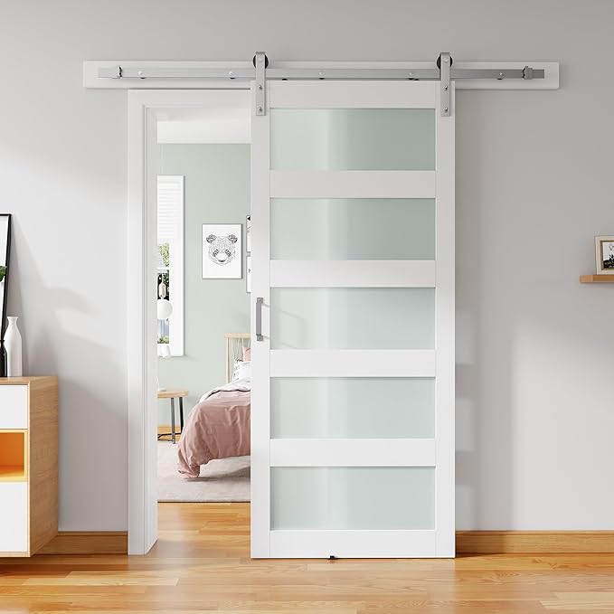 38'' x 84'' Glass Barn Door and 6.6 Ft Brushed Nickel Hardware Kit Included, MDF White Barn Door Slab with Frosted Glass, PVC Surface, Combined with Handle and Floor Guide-Assembly Required