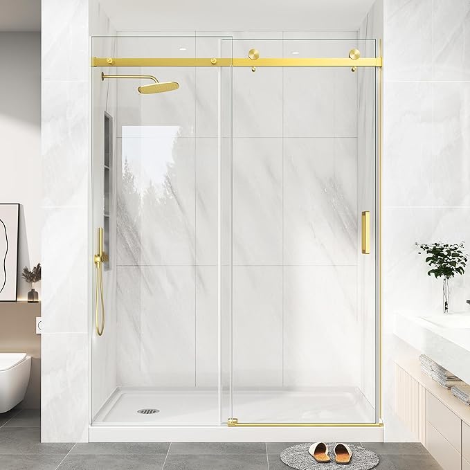 KPUY Frameless Shower Door, 49-54" W x 76" H Sliding Glass Shower Door, 1/4" (6mm) Thick Tempered Clear Glass with Explosion-Proof Film Nano Coating in Brushed Gold Finish