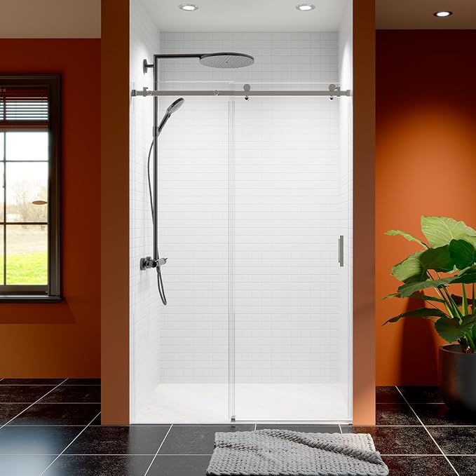 46-48 Inch Frameless Sliding Shower Door, 76" Height, 5/16" (8mm) Clear Tempered Glass, Smooth Gliding Track & Anti-Jumping System, Stainless Steel Chrome Finish