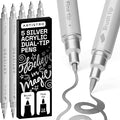 ARTISTRO 5 Silver Acrylic Paint Markers - Paint Pens for Drawing, Brush + Fine Tips - For Fabric, Rock, Glass, Wood, DIY, Eggs - Art & Craft Supplies for Adults, Teens, Kids - Easter Basket Stuffers