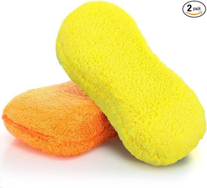 Tanlade 2 Pcs Large Microfiber Car Wash Sponge for Cleaning, Non Scratch Microfiber Sponges for Car Washing Supplies, Trucks and Motorcycles (Orange,Yellow)