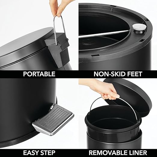 mDesign Tall 30 Liter / 7 Gallon Large Round Metal Lidded Step Trash Can, Thin Compact Garbage Bin with Removable Liner Bucket for Bathroom, Kitchen, Craft Room, Office, Garage - Black