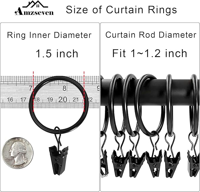 100 Pack Metal Curtain Rings with Clips, Drapery Clips Hooks, Decorative Curtain Rod Clips 1.5 in Interior Diameter, Vintage Black