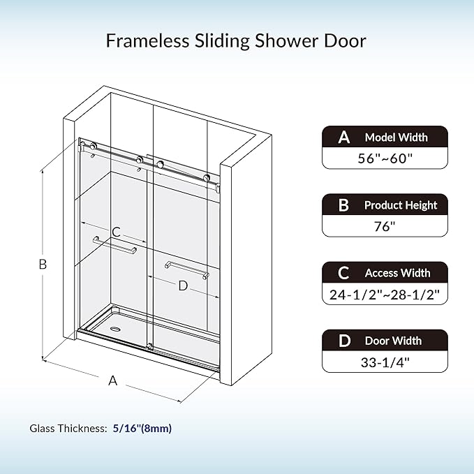 Woodbridge Frameless Shower Doors 56-60" Width x 76" Height with 5/16"(8mm) Clear Tempered Glass, 2 Ways Opening & Double Sliding in Brushed Nickel Finish