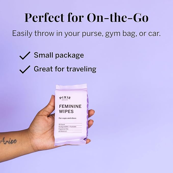 Pixie Menstrual Cup Wipes - On The Go Public Bathroom Feminine Wipes - Safe On Period Cups & Menstrual discs - Biodegradable, Flushable, Ph Balanced (20 Count (2 Pack)