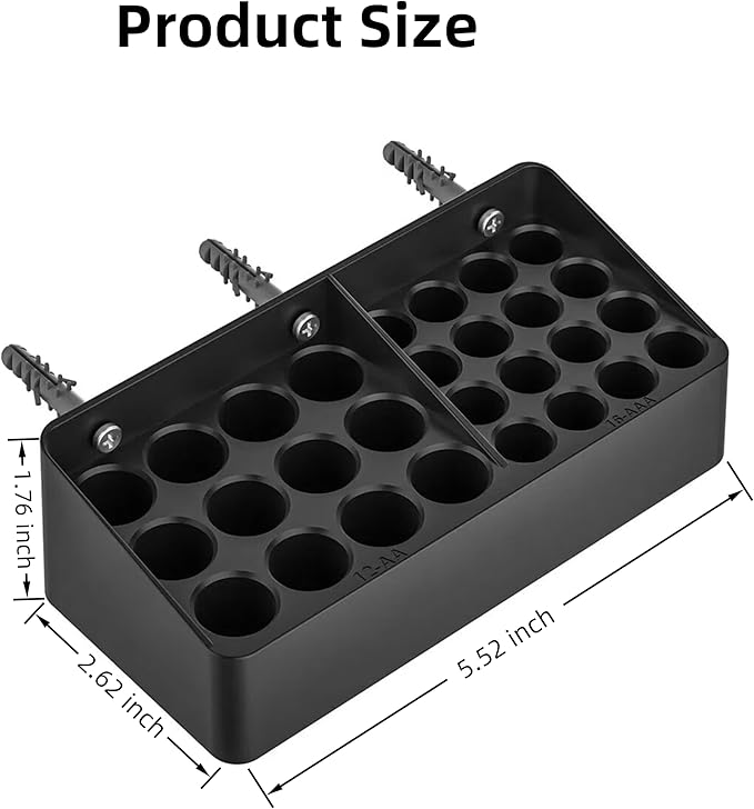 Battery Storage Organizer Battery Storage Box Black Fits 16 AAA & 12 AA Batteries Divided Battery Holder Fits Wall,Cabinets,Drawers (Case Not Includes Batteries)