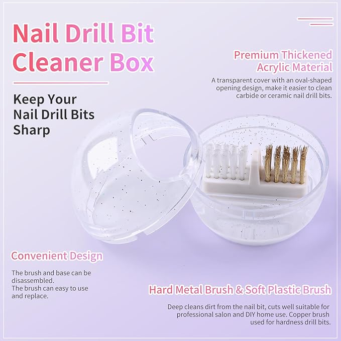 Nail Drill Bits Cleaner Brush Case Accessories, Nail Art Cleaner Tool Case with Steel & Nylon Wire Brush for Cleaning Tungsten Carbide Ceramic Nail Drill Bits Cuticle, White