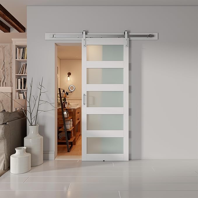34'' x 84'' Glass Barn Door and 6 Ft Brushed Nickel Hardware Kit Included, MDF White Barn Door Slab with Frosted Glass, PVC Surface, Combined with Handle and Floor Guide-Assembly Required
