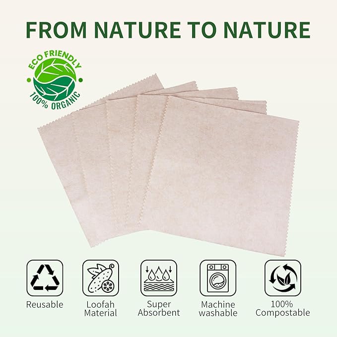 Premium Swedish Dishcloth 5 Pack - 100% Compostable Loofah & Plant Fiber Kitchen Cloth, Super Absorbent (25x Weight) Non-Stick Oil, Reusable Cleaning Cloths for Dishes, 7.87x7.87in