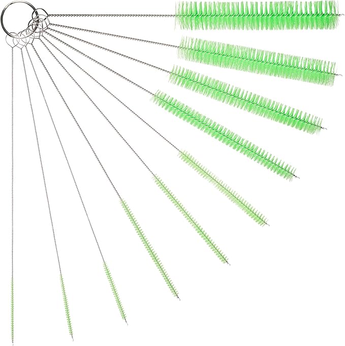 10" Tube Cleaning Brush Set, 10 Pack, Extra Long Nylon Straw Brushes with Flexible Handles for Bottles, Cleaning Straws, Pipe Cleaners, Keyboard, Glass, Guns, Detailing and Deep Cleaning, Green