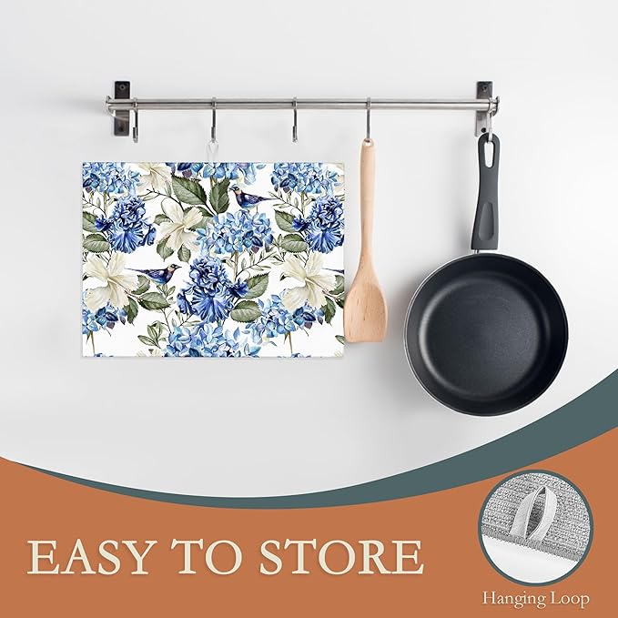 Blue Hydrangea Flowers Dish Drying Mat,Bird Drying Rack Pad Countertop Dishes Ultra Absorbent Microfiber Kitchen Counter Mat for Coffee Countertop Decor 18x24 Inch