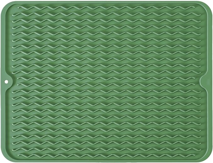 Large 14" x 11" Silicone Dish Drying Mat for Kitchen Counter, Easy clean, Quick Dry, Heat-resistant Dish Drainer Mat for Sink,Refrigerator or Drawer liner (Food Grade Silicone-Dark Green)