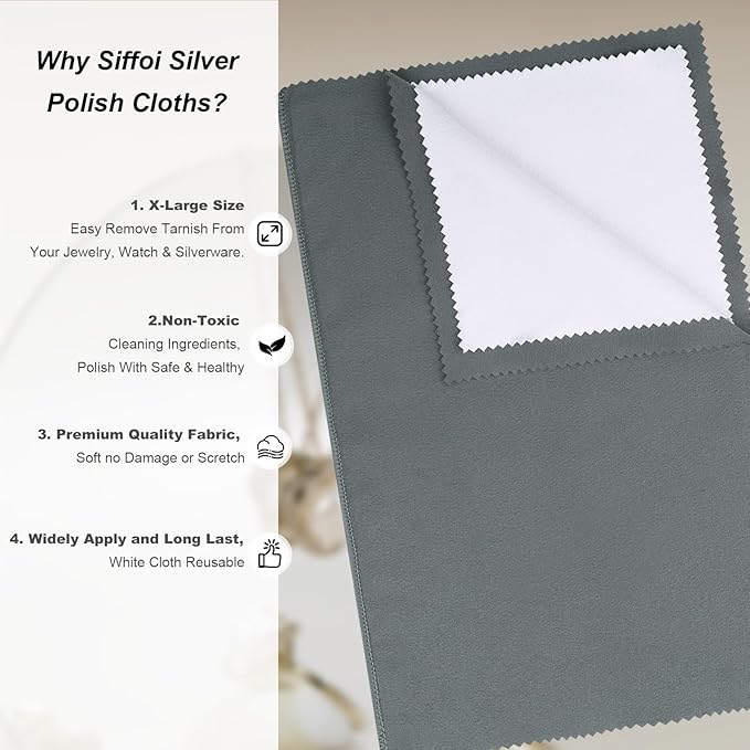 4 Pack X-Large 14''x11'' Silver Jewelry Polishing Cloths, Premium Silverware Cleaning Cloth for 925 Silver, Gold, Double Layer Polishing Puff Cloths Grey