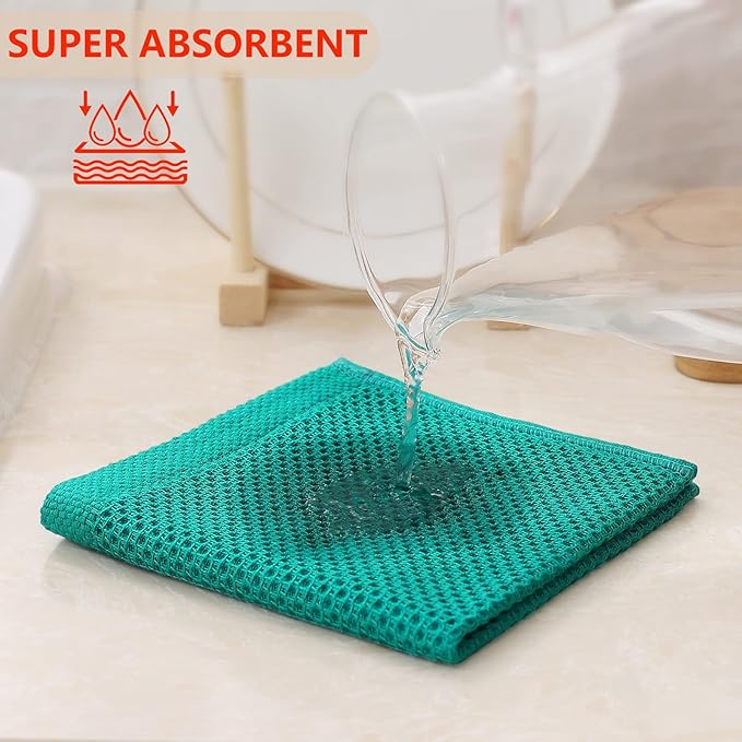 Kitinjoy 100% Cotton Kitchen Dish Cloths (12 X 12 Inches, Teal), 12 Pack Waffle Weave Ultra Soft Absorbent Dish Towels for Drying Dishes Quick Drying Kitchen Towels Dish Rags