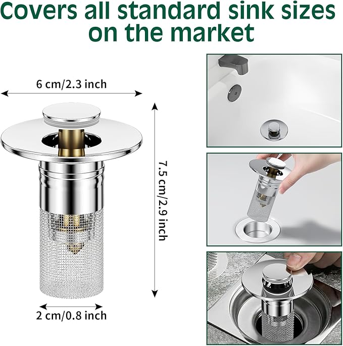 3 in 1 Sink Drain Strainer with Hair Catcher,2PCS Stainless Steel Popup Sink Stopper with Basket for Bathroom Kitchen Shower,Pop-up Bounce Core Floor Basin Drain Filter,Replacement Sink Plug