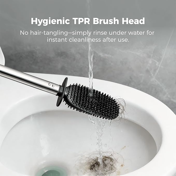 Toilet Brush and Holder Set Toilet Cleaning Brush with Silicone Bristles for Bathroom Stainless Steel Flexible Compact Toilet Bowl Brush (1, Stainless Steel)