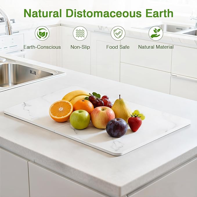 Luxspire Dish Drying Mat for Kitchen Counter 24"x16", Fast-Absorbing Stone Drying Mat Non-Slip Stone Kitchen Drying Mat for Dishes, Cups Waterproof Counter Protector for Kitchen Bath, Marble White